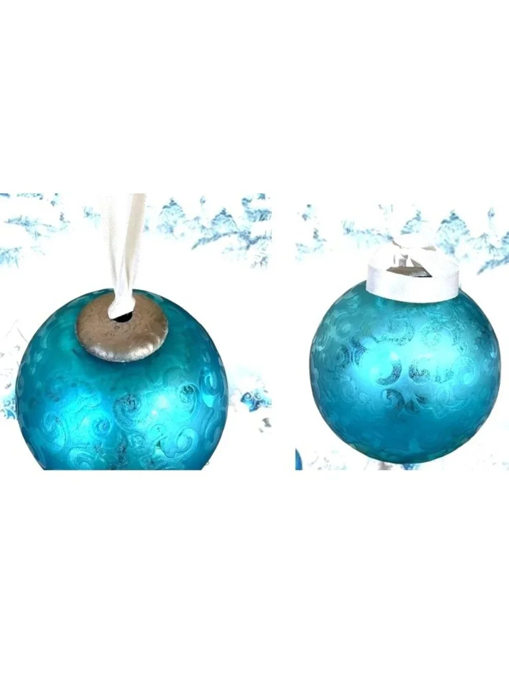 Vintage Large Aqua Blue Christmas Ornament Winter Snow Nostalgic White Ribbon